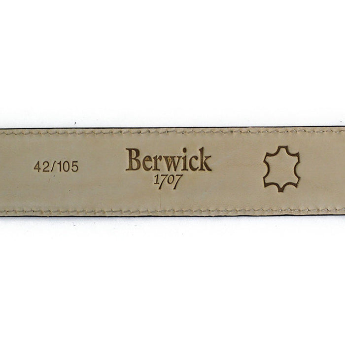 A brown suede leather belt with a silver chrome buckle, displayed on a white background.
