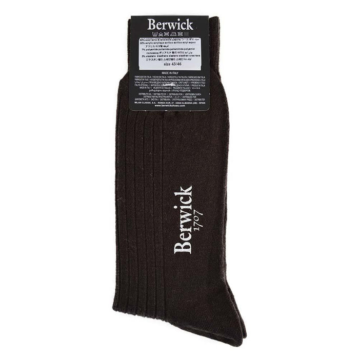 A pair of brown ribbed socks with the Berwick 1707 brand tag visible.
