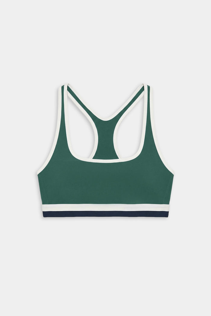 The SPLITS59 Bianca Rigor Bra in Arugula/White features a bold green design with white trim and a navy stripe on the bottom band, crafted for high-impact workouts and shown flat on a white background.