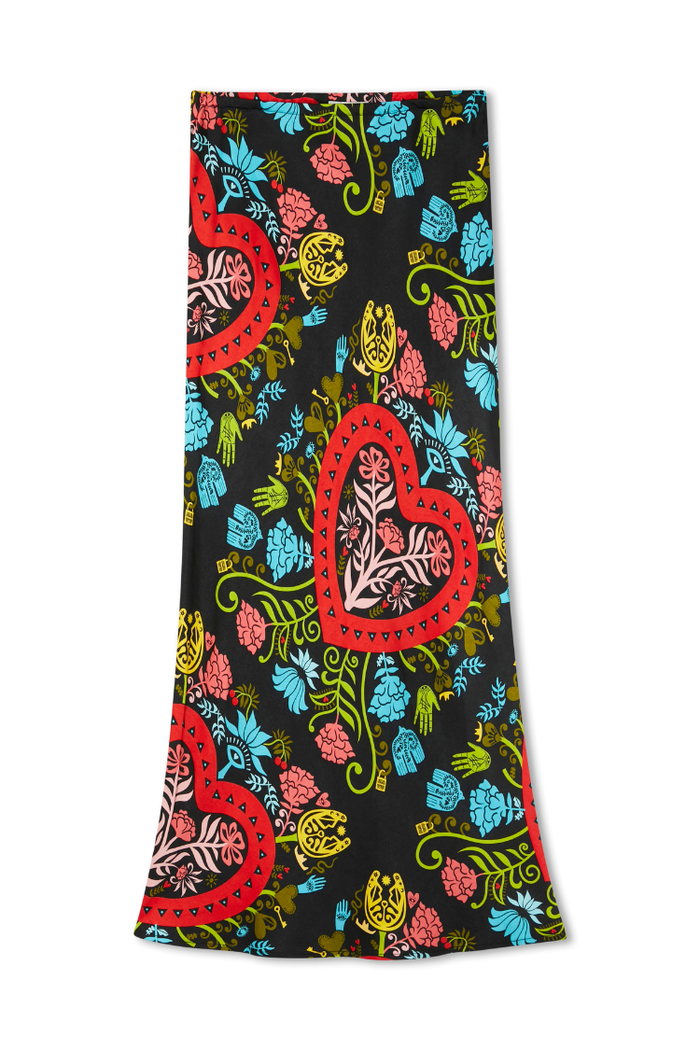 Black Amara Dorris Skirt with hand-painted heart and eye motifs in a relaxed midi silhouette.