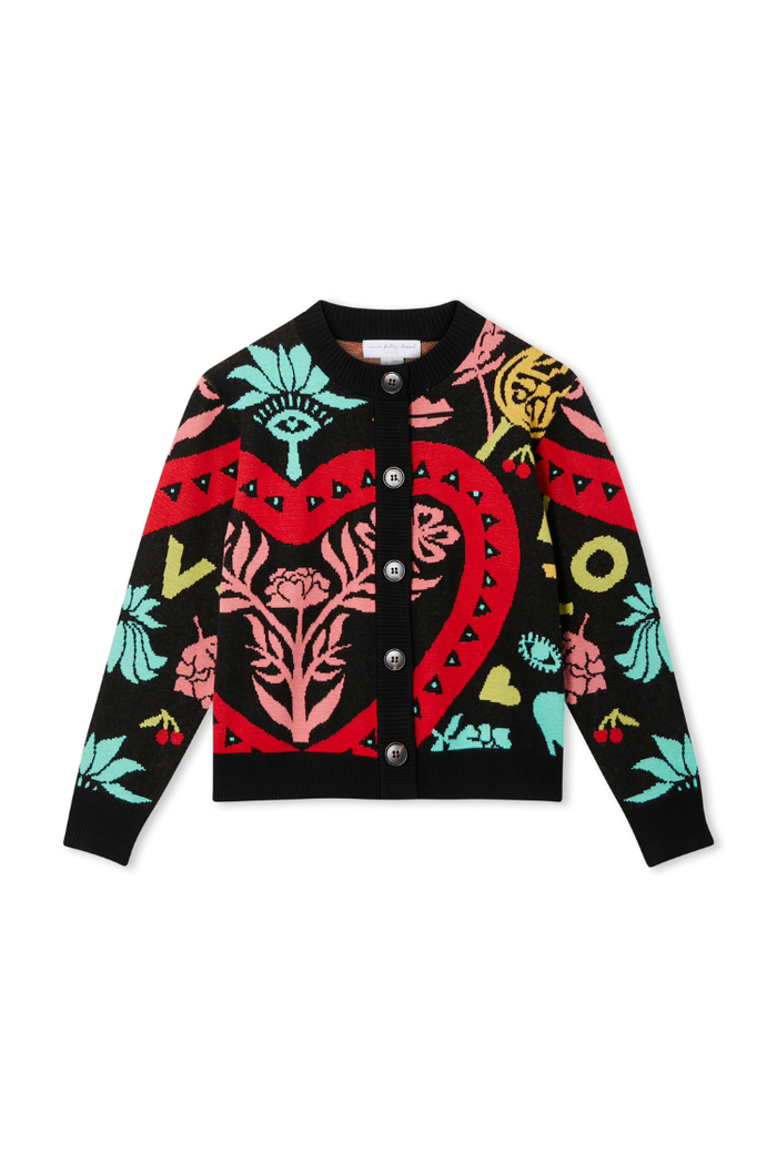 Amara Hollie Cardigan in black knit with iconic heart and eye motifs, pink flowers and a button-up front.