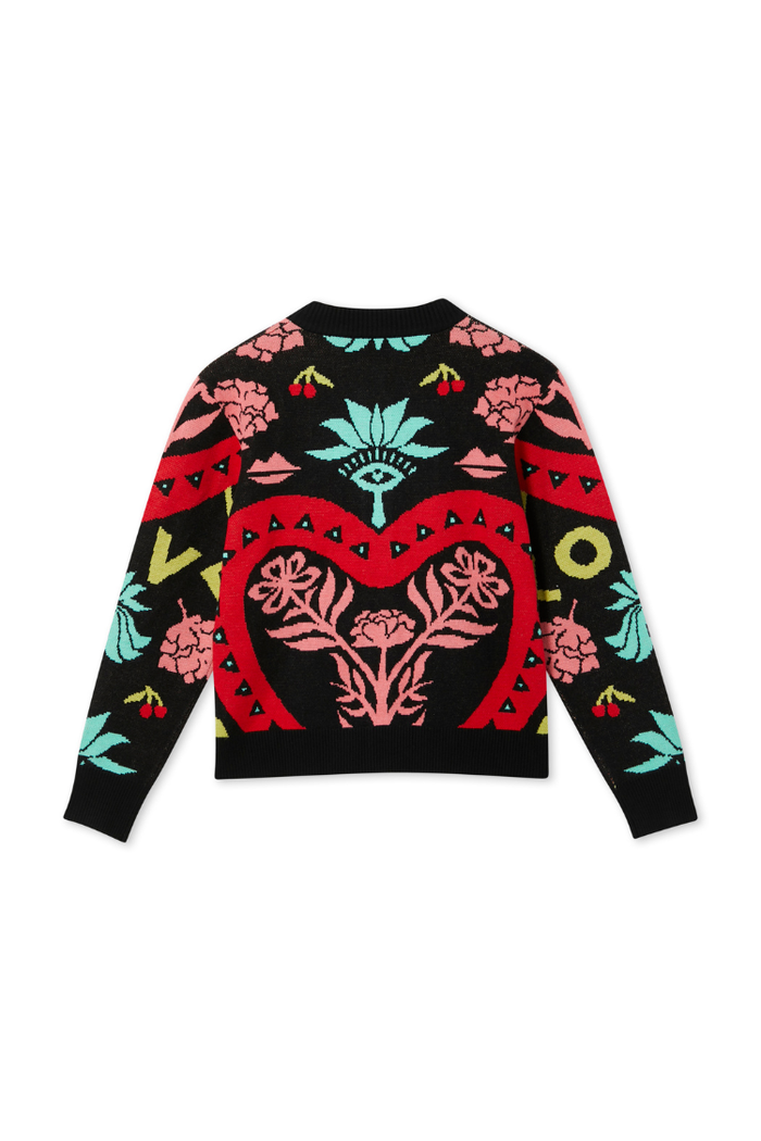 Black Amara Hollie Cardigan showing a large red heart, pink floral motifs and a teal eye on the back of the knit.