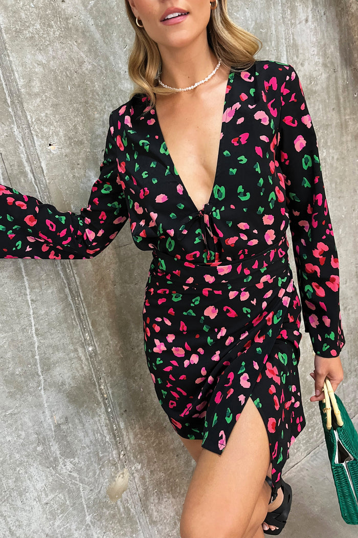 Black Animal Verity Top with a pink and green leopard print and centre front tie, paired with a matching skirt.