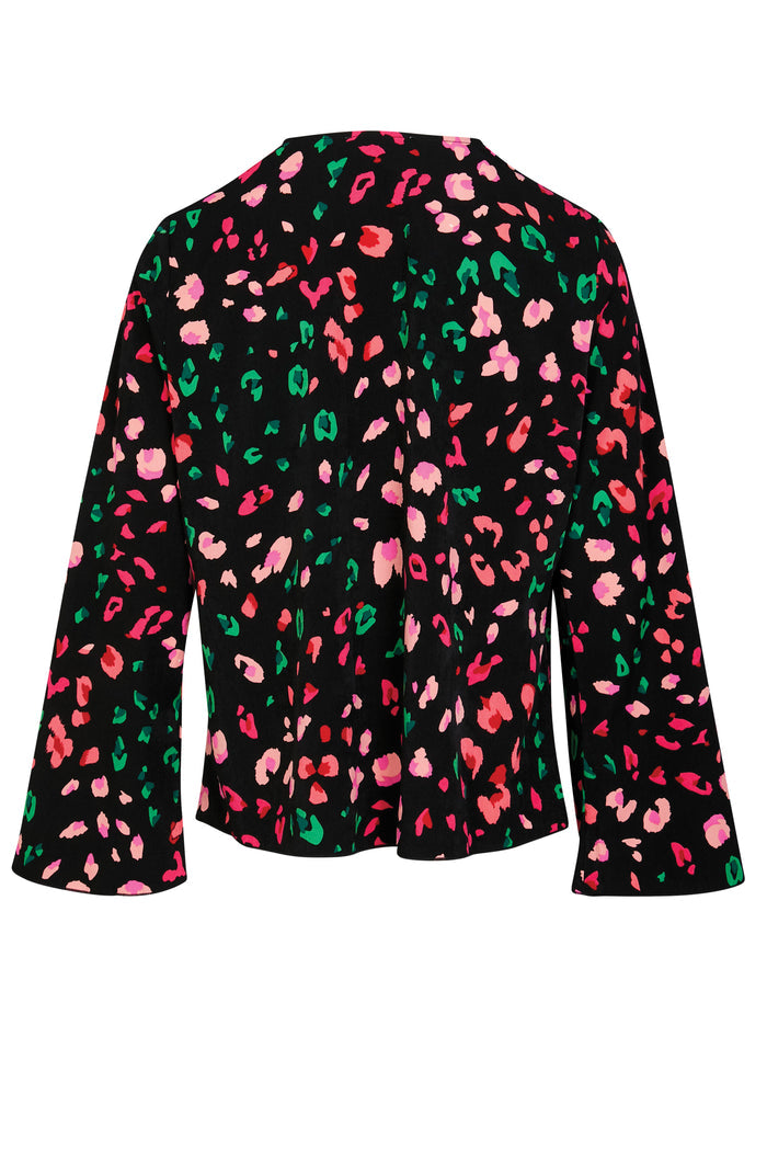 Black Animal Verity Top with a bold colourful leopard print and long bell sleeves, back view.
