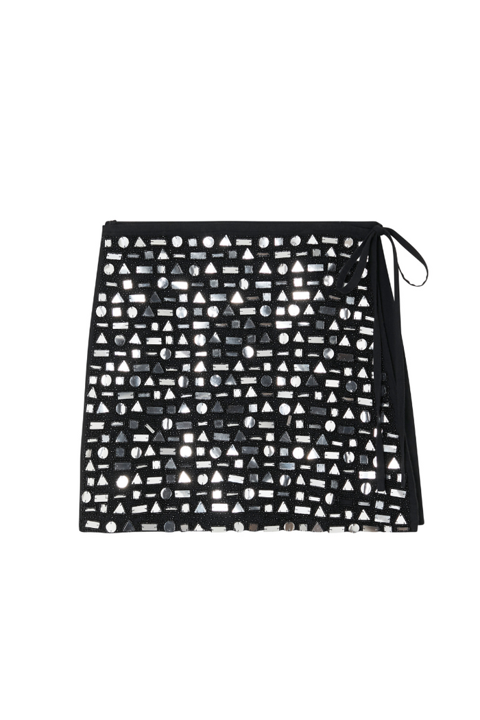 Black Beaded Mirror Wrap Mini Skirt featuring silver geometric glass beads and a side tie fastening.