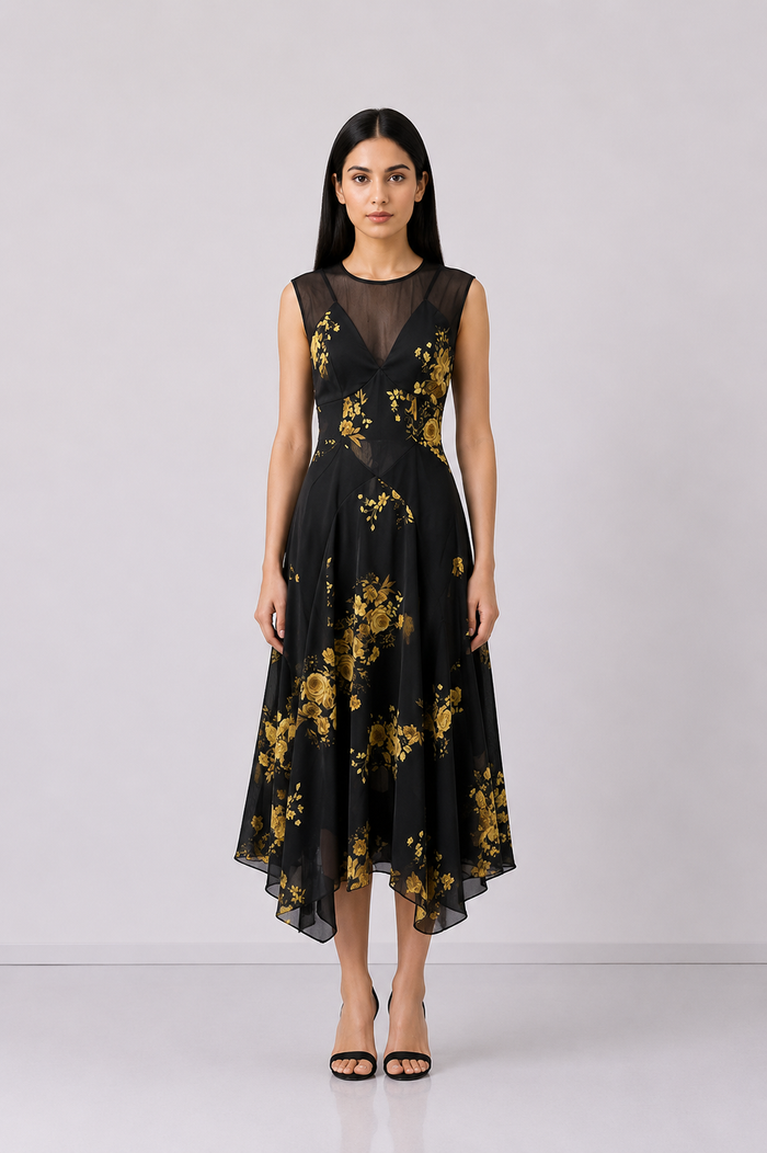 Black Floral Mesh Midi Dress - Midnight
