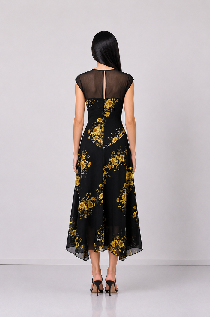 Black Floral Mesh Midi Dress - Midnight