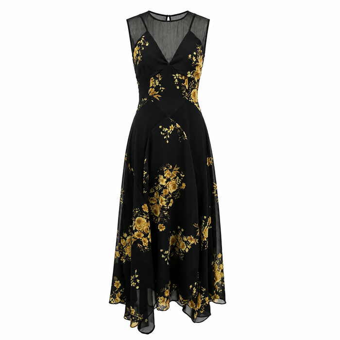 Black Floral Mesh Midi Dress - Midnight