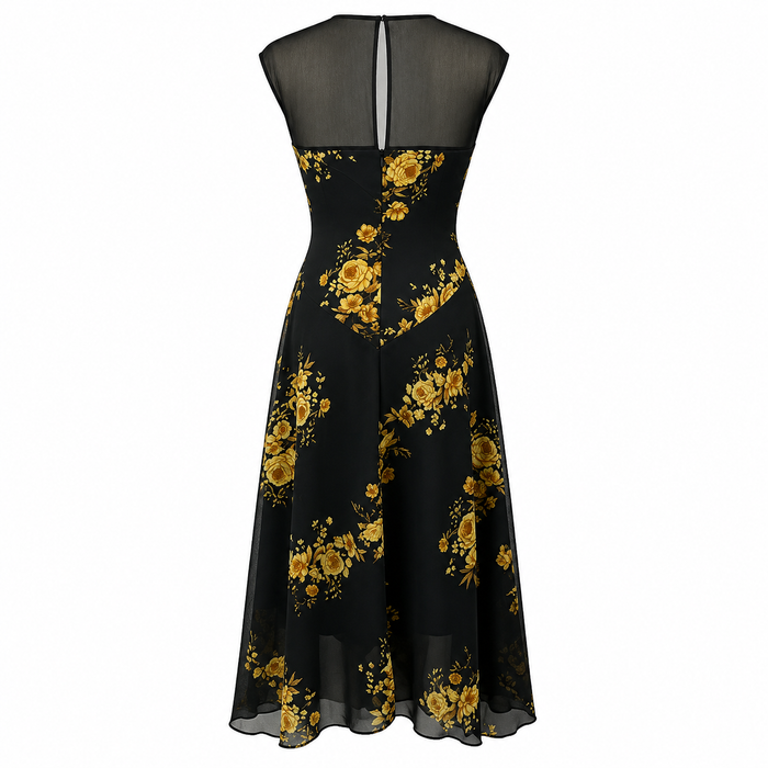 Black Floral Mesh Midi Dress - Midnight