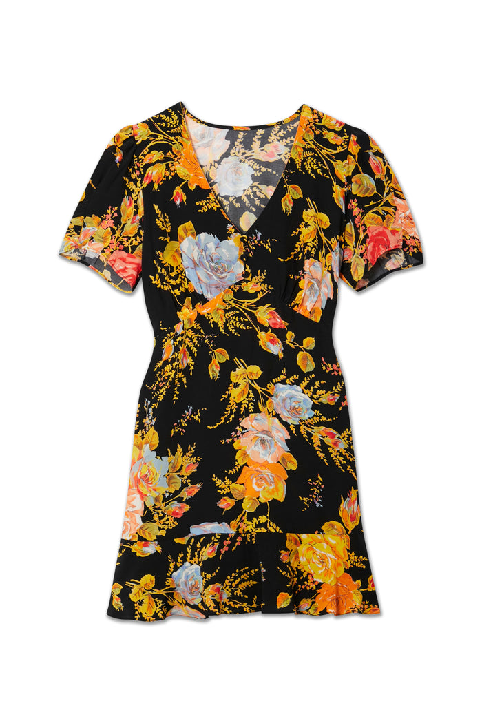 Black Sofia Mini Tea Dress featuring a bold yellow and orange floral print, V-neckline and frilled hem.