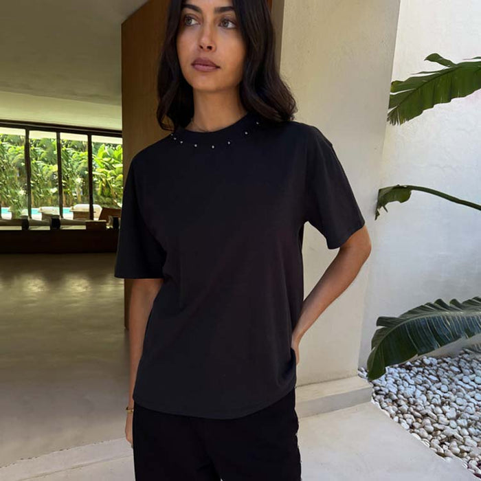 Black Studded T-Shirt, a statement staple in 100% cotton with silver neckline studs and a relaxed fit.