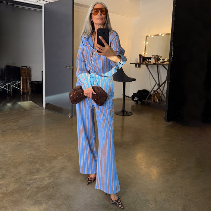 Blue Cotton Stripe Jogger with red pinstripes, featuring an elasticated waist and a soft-touch finish for a casual look.