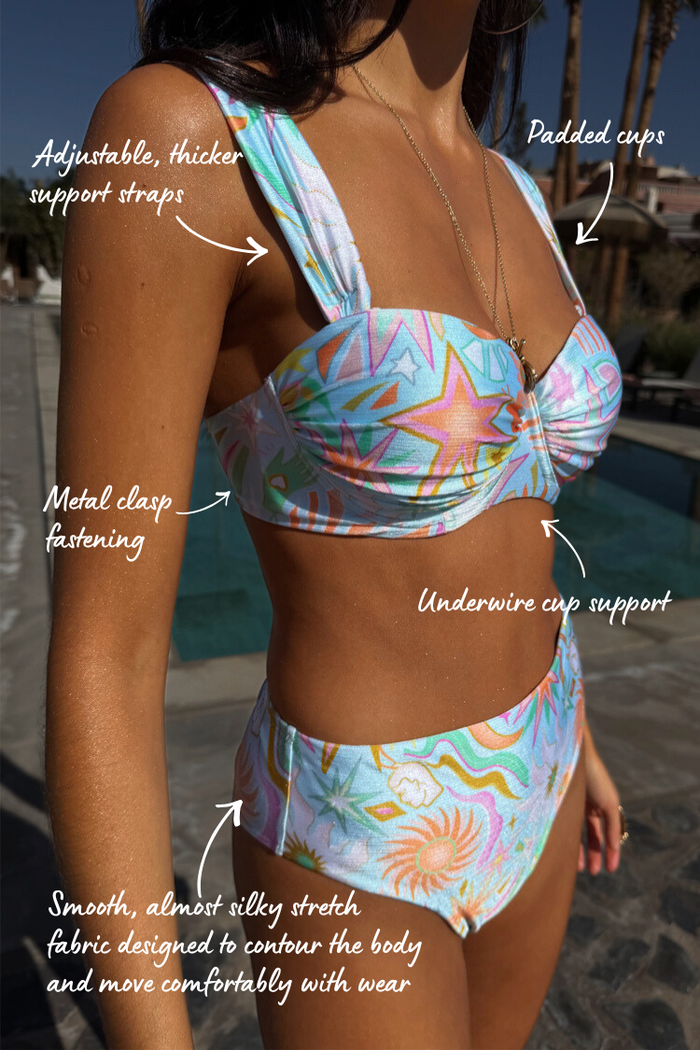Blue Dreamer Bikini Top featuring a vibrant star print with annotated underwire and adjustable strap details.