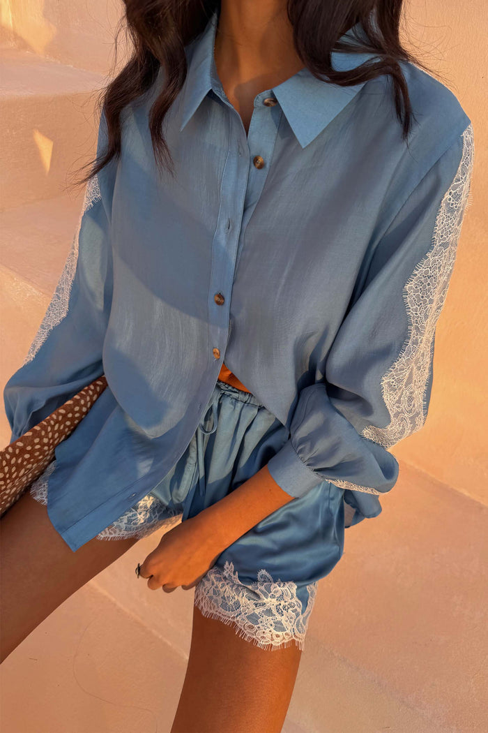 Blue Lace Marley Shirt with white lace sleeve panels and matching lace-trim shorts.