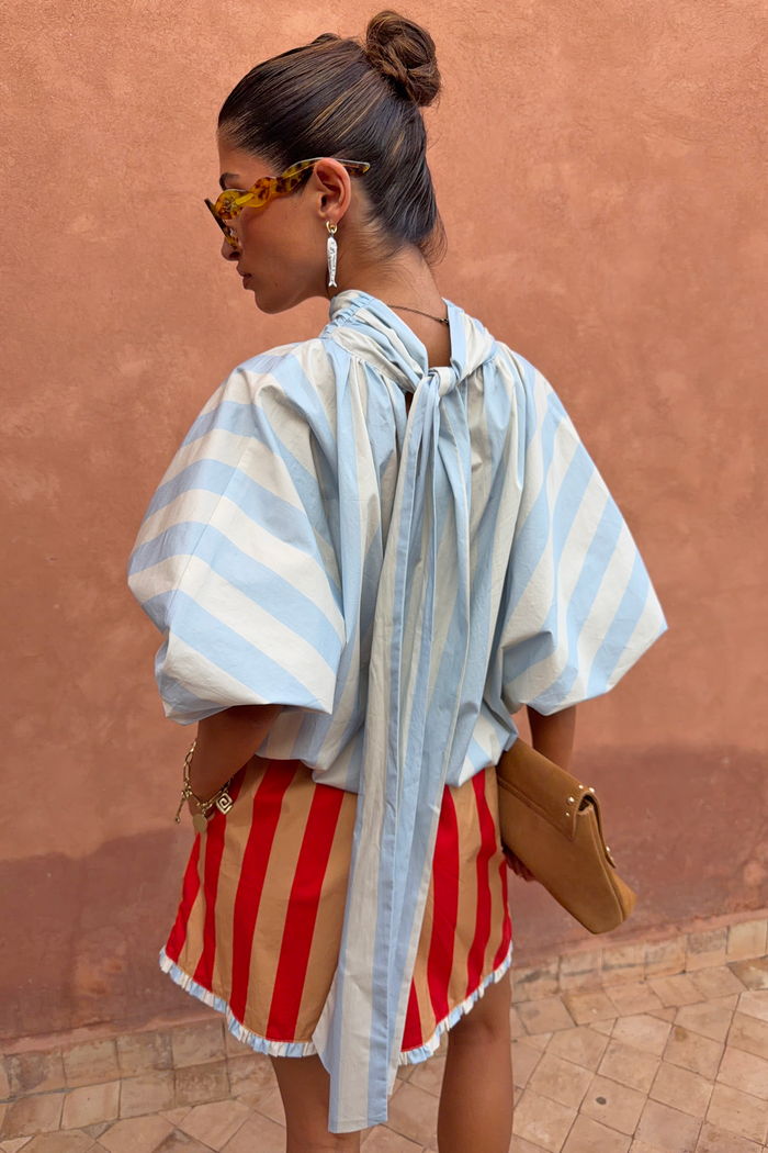 Blue Stripe Batwing Blouse featuring voluminous sleeves and a long back tie detail, shown from a back view.