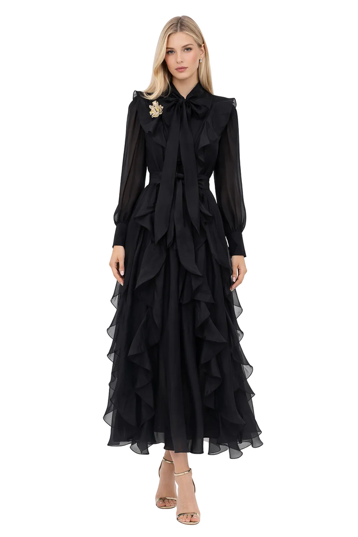 bow-tie chiffon ruffle maxi dress – ROYM