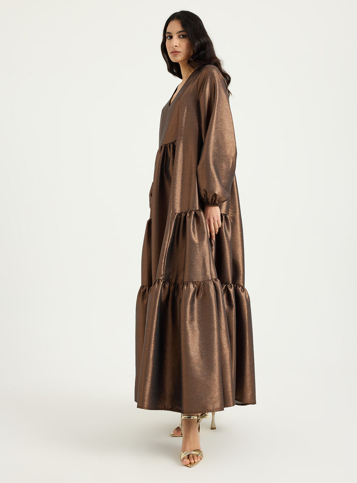 Bronze Shimmering V Neck Maxi Dress - Store WF