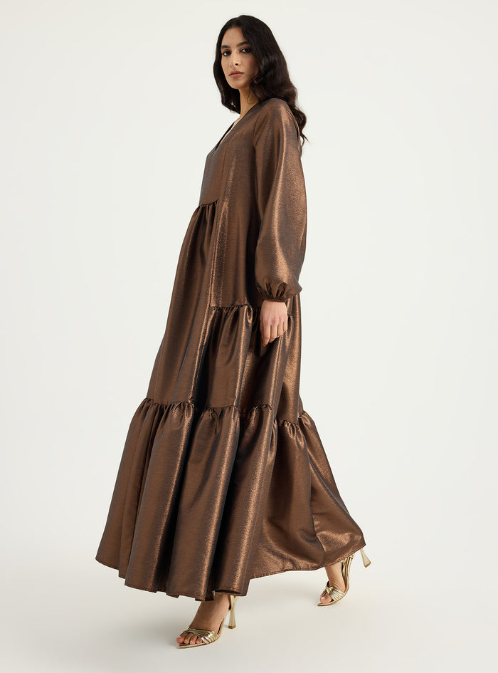 Bronze Shimmering V Neck Maxi Dress - Store WF