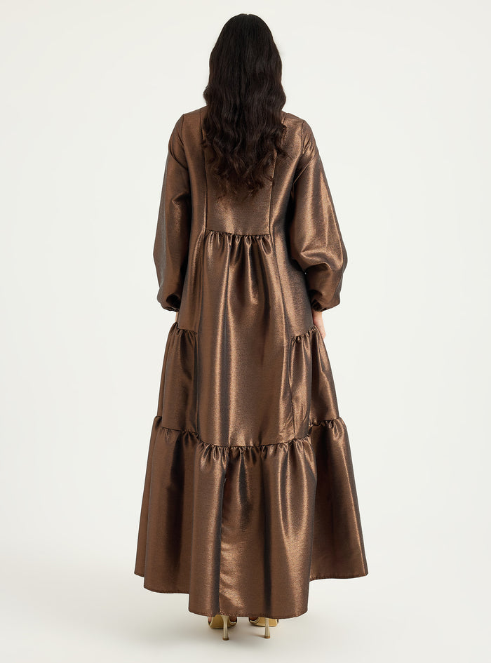 Bronze Shimmering V Neck Maxi Dress - Store WF