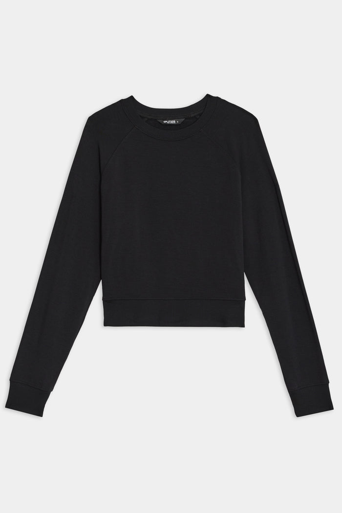 The Brooks Fleece Long Sleeve Sweatshirt in black by SPLITS59, made in Los Angeles, is shown on a white background. Ideal for yoga or a casual day out.