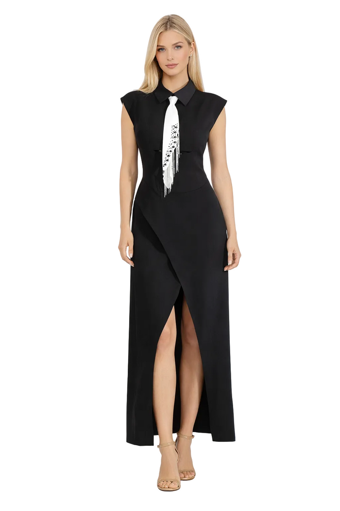 cap sleeve asymmetric slit dress with embellished tie – ICON