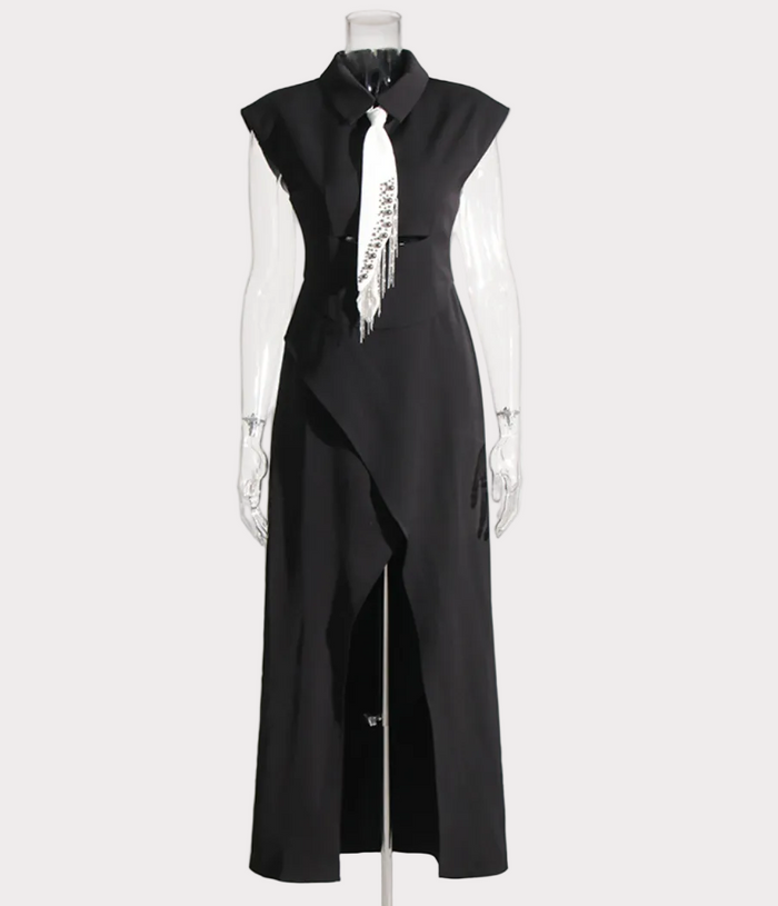 cap sleeve asymmetric slit dress with embellished tie – ICON