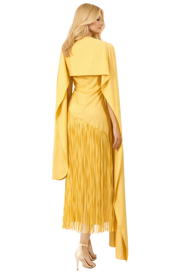 cape-overlay midi dress with fringe skirt – SOLARA