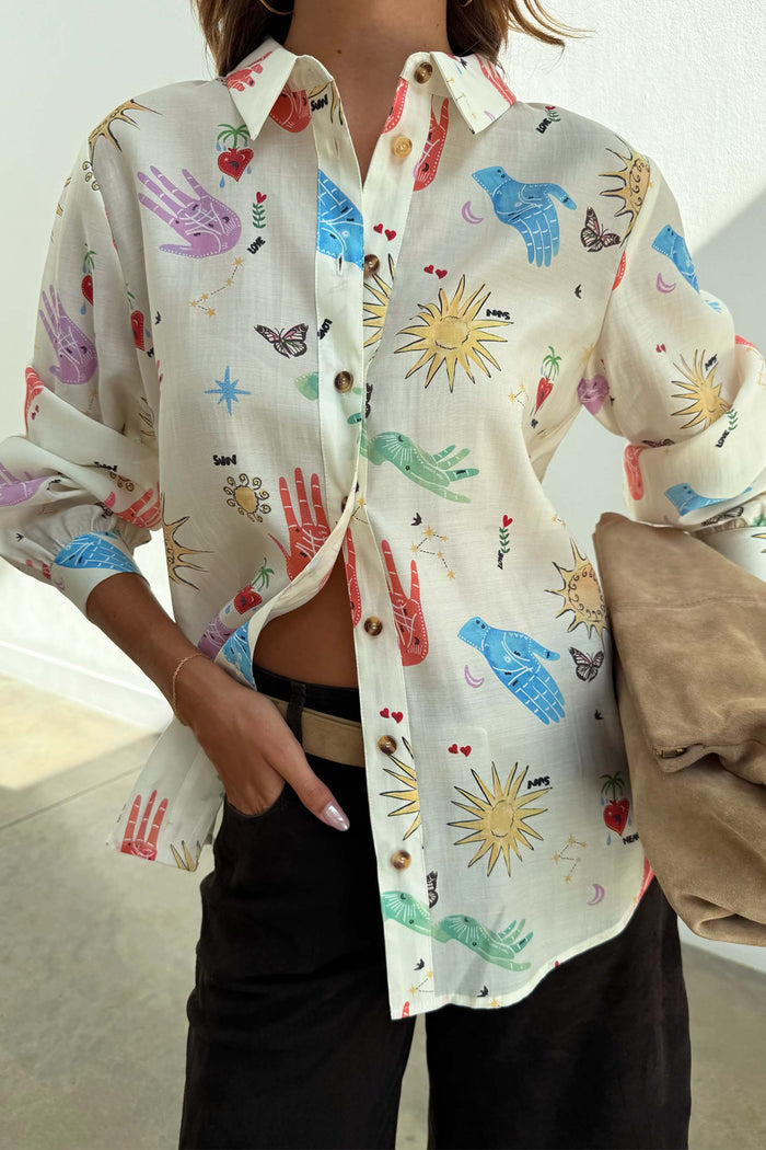 Celestial Marley Shirt in cream with colourful palm, heart and sun motifs in a sheer, oversized silhouette.