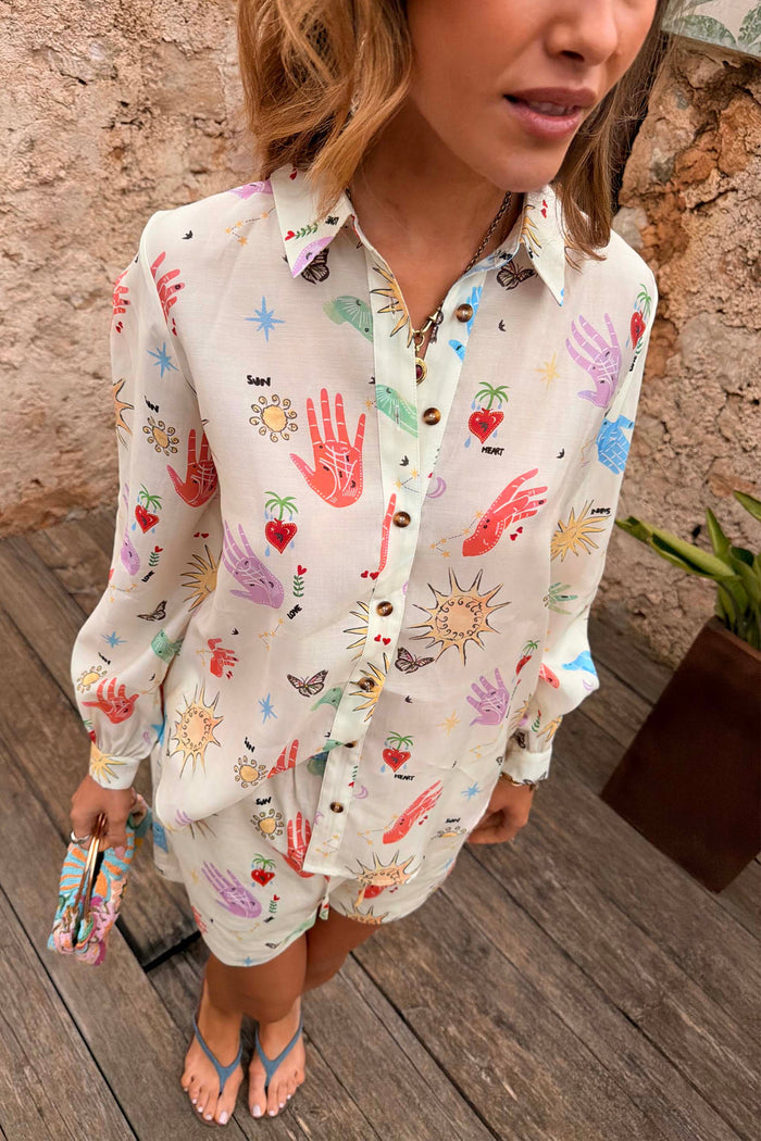 Oversized Celestial Marley Shirt in cream featuring a colourful print of palms, suns and hearts.