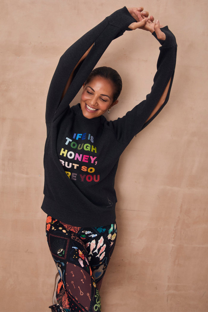 Charcoal NFD x Porto & Bello sweatshirt with rainbow slogan embroidery and functional sleeve zips.