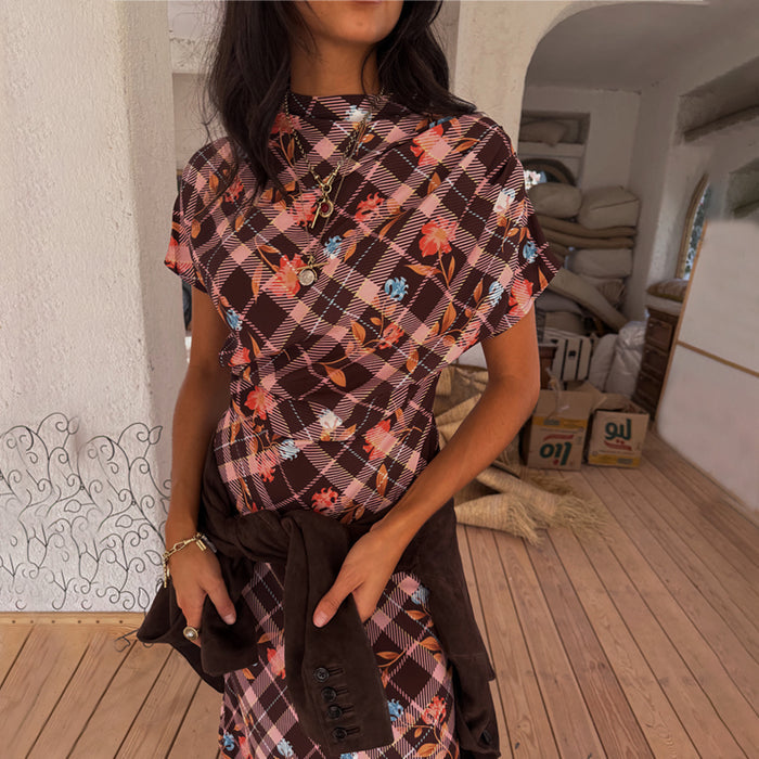 Chocolate brown Check Floral Top with a high neck and draped sleeves, styled with a matching skirt as a co-ord.