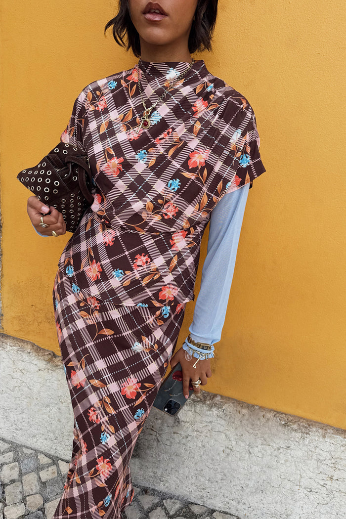 Chocolate brown check floral top with high neck, designed in London and styled as a co-ord with a matching skirt.