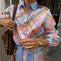 Pastel check shirt with a blue striped pussy bow and collar in a relaxed button-down cotton fit.
