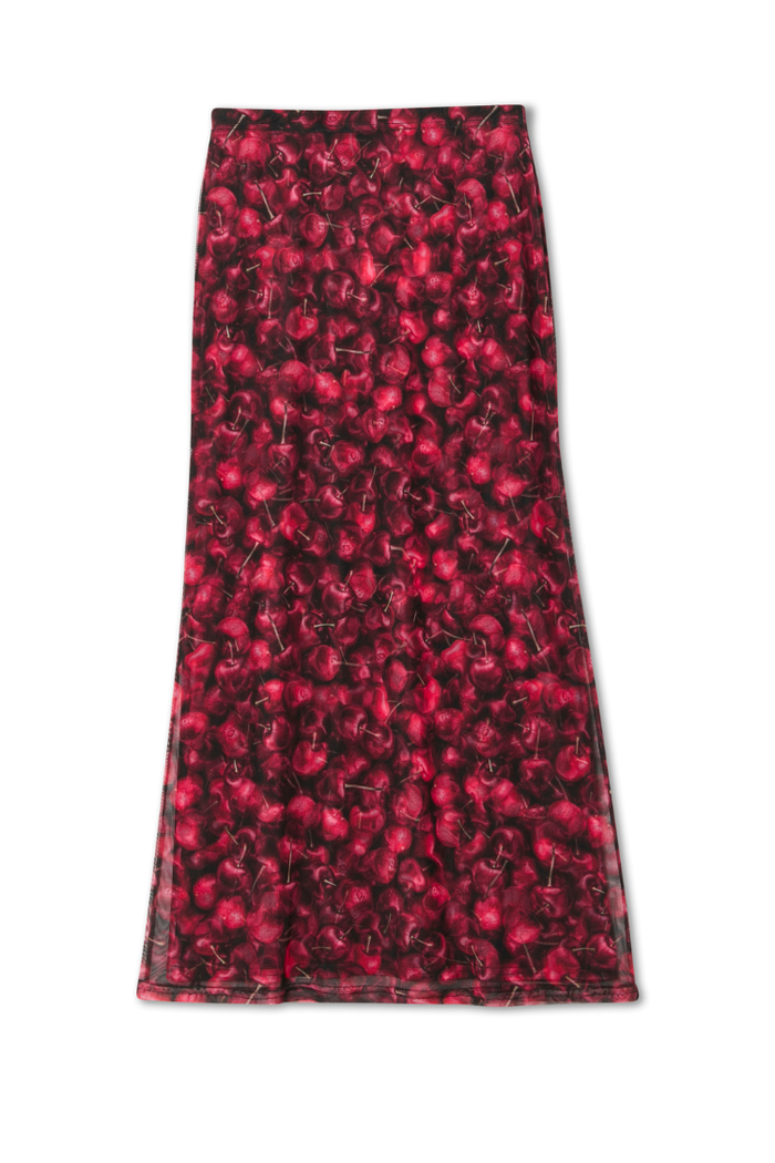 Red Cherry Mesh Dorris Skirt in a stretchy mesh fabric with an all-over cherry print.