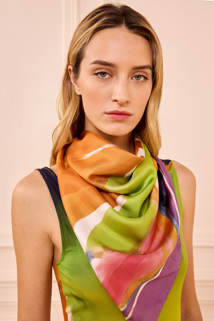 Multicolor Silk Twill Chiara Scarf Worn at Neck - Front On-Model | Ulla Johnson