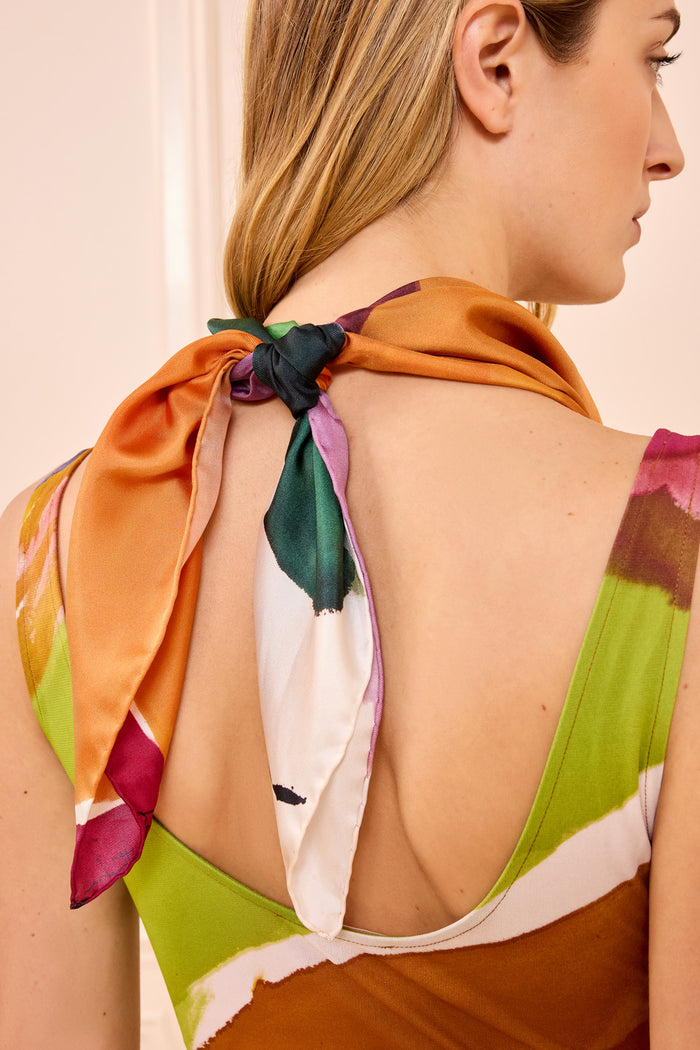 Luxury Silk Chiara Scarf Tied at Nape - Back Detail on Model | Ulla Johnson