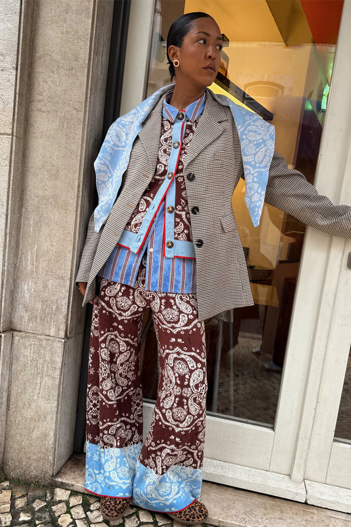 Chocolate Bandana Wide Leg Trousers in a brown knit with a blue hem, styled as a London look co-ord.