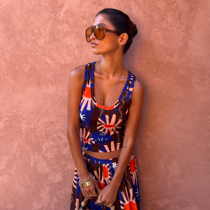 Chocolate & Blue Sun Scoop Neck Tank