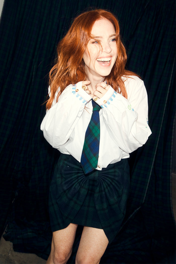Never Fully Dressed Choose Love Miley Shirt in white cotton with scalloped cuffs, worn by Angela Scanlon with a tartan tie.