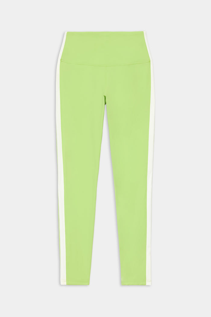 The Clare High Waist Rigor 7/8 leggings by SPLITS59, in Limeade/White, feature a high-rise fit and performance Rigor fabric with crisp white vertical stripes along both outer sides—ideal for gym workouts. Shown on a plain white background.