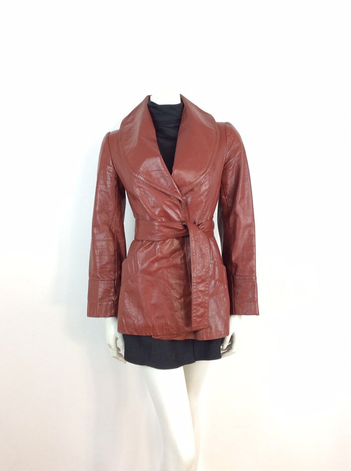 CLASSIC TRUE VINTAGE 60s 70s  BROWN BURGUNDY WINE LEATHER WRAP JACKET 8 10 12