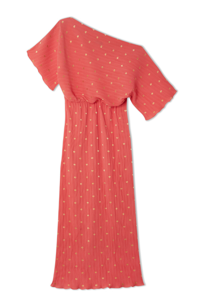 Coral Plisse Tilly Dress with gold flecks, an off-the-shoulder neckline and elasticated waistband.