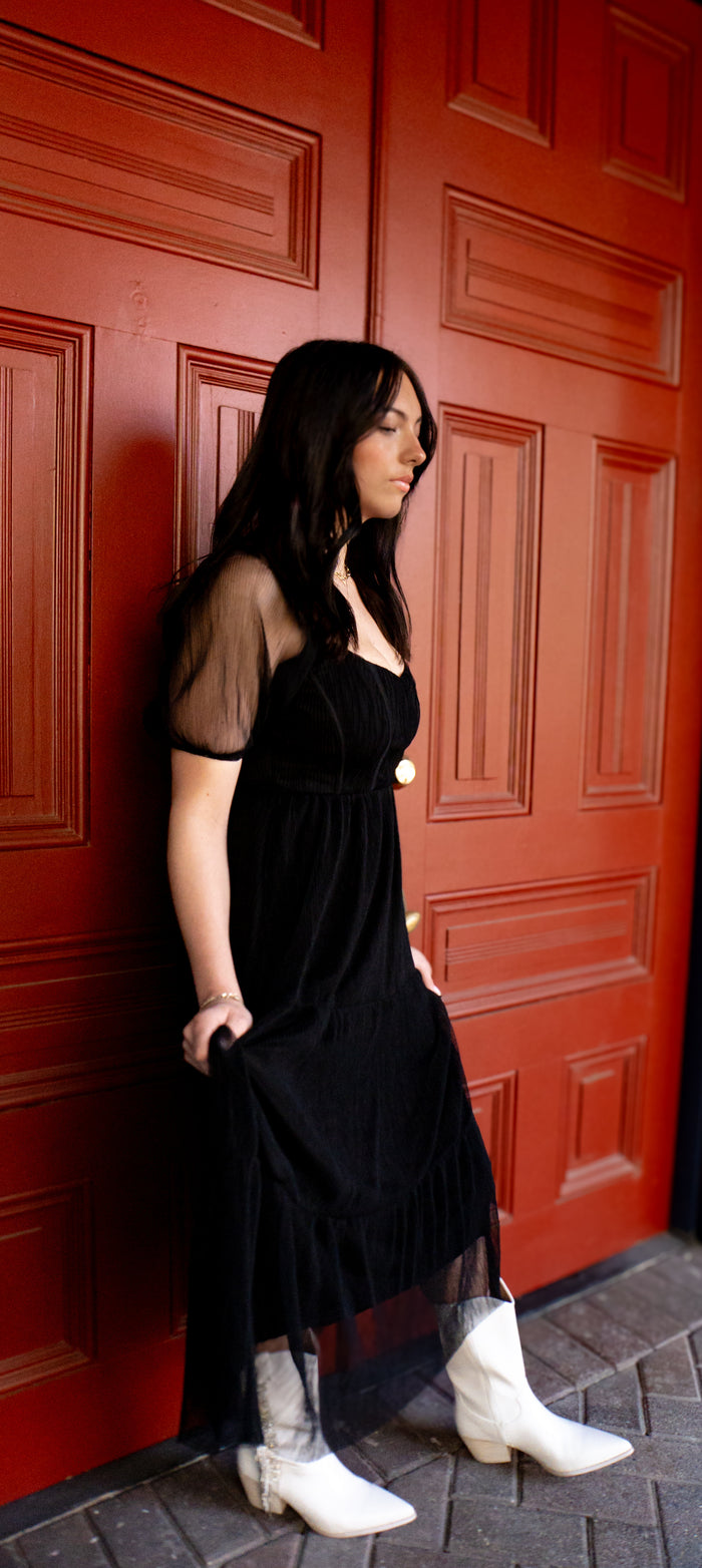 Corset top dress with tulle overlay
