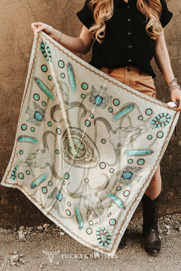 Cow Skull Turquoise Stone Printed Wild Rag