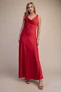 Cowl Neck Sleeveless Back Tie Satin Maxi Dress