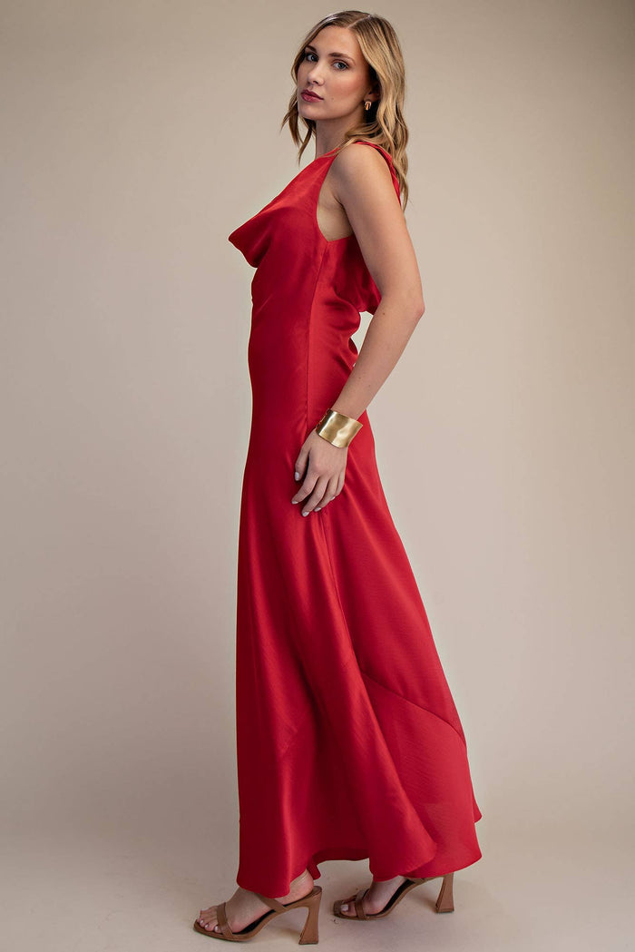 Cowl Neck Sleeveless Back Tie Satin Maxi Dress