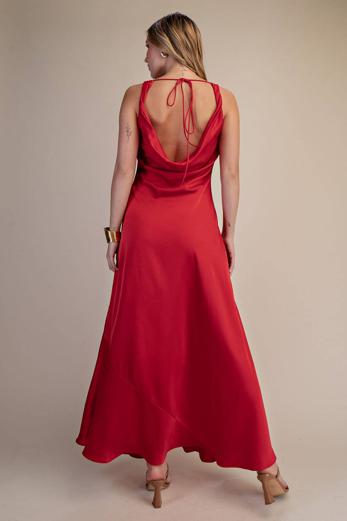 Cowl Neck Sleeveless Back Tie Satin Maxi Dress
