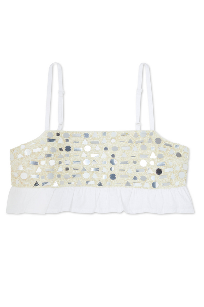 Cream Mirror Gabbi Top with geometric glass and mirror bead embellishments, adjustable straps and a white ruffle hem.
