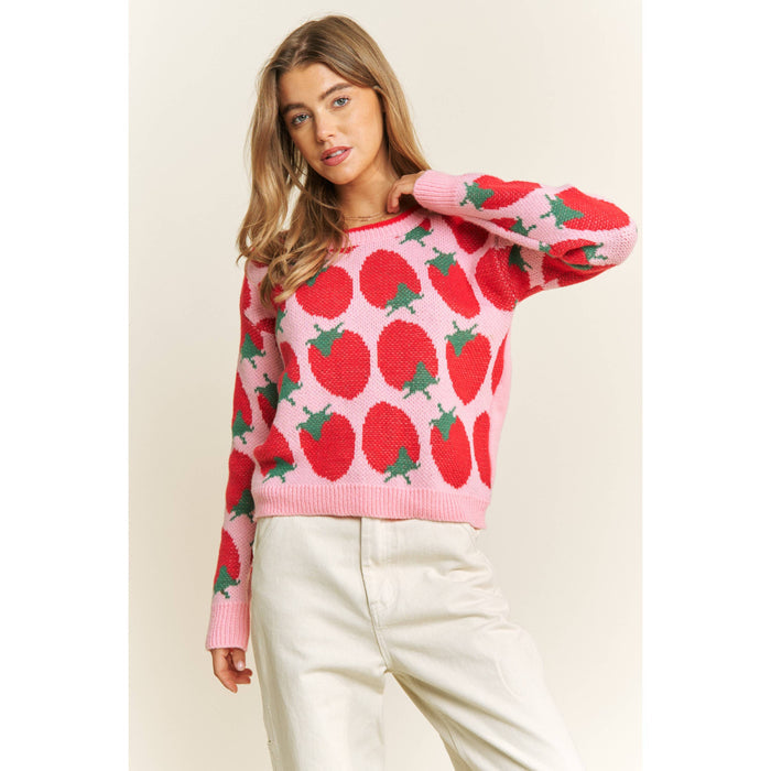 CUTE STRAWBERRY JACQUARD CASUAL PULLOVER SWEATER