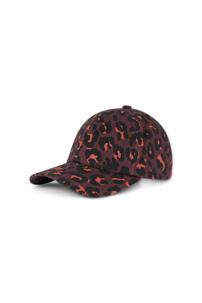 Cotton Dark Leopard Cap in iconic burgundy leopard print with a curved peak and adjustable strap.